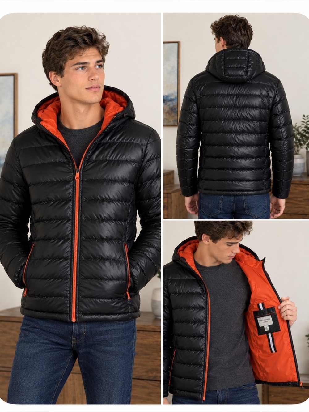 Cole Haan Signature Men’s Black Hooded Puffer Jacket Orange Lining Size Large